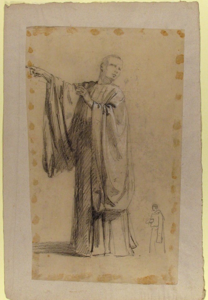 Cleric (lower register; study for wall paintings in the Chapel of Saint Remi, Sainte-Clotilde, Paris, 1858); black chalk landscape sketch on verso of support MET 1989.122.35