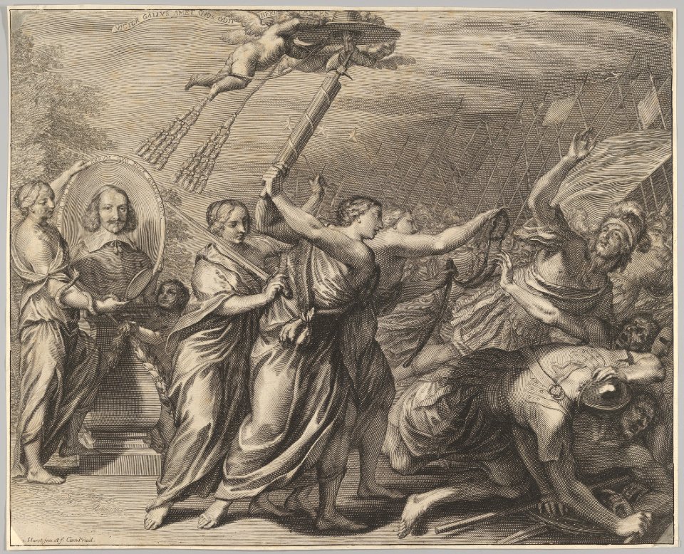 Cardinal (le Bret?) in oval with allegorigal figures and a battle scene MET DP836308