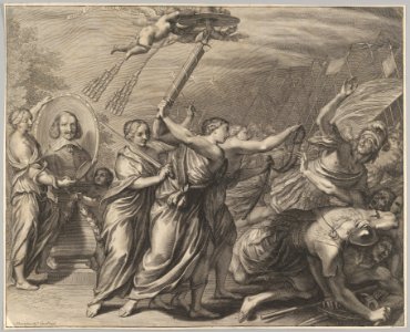 Cardinal (le Bret?) in oval with allegorigal figures and a battle scene MET DP836308