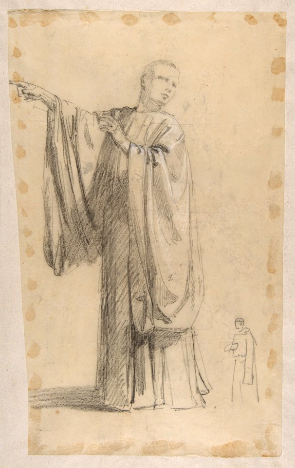 Cleric (lower register; study for wall paintings in the Chapel of Saint Remi, Sainte-Clotilde, Paris, 1858); black chalk landscape sketch on verso of support MET DP812077