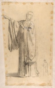 Cleric (lower register; study for wall paintings in the Chapel of Saint Remi, Sainte-Clotilde, Paris, 1858); black chalk landscape sketch on verso of support MET DP812077