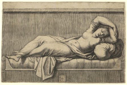 Cleopatra lying partly naked on a bed MET DP854057