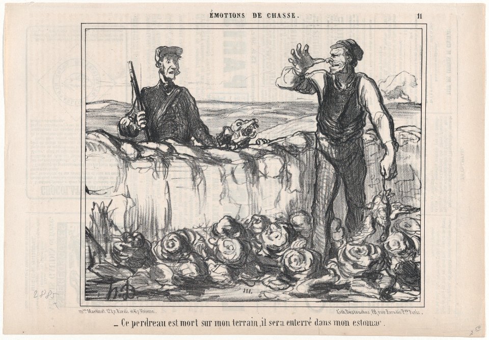 Ce perdreau est mort sur mon terrain..., from Émotions de Chasse, published in Le Charivari, October 10, 1857 MET DP876669