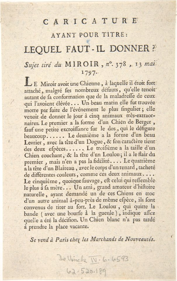 Caricature, Ayant Pour Titre- Lequel Faut-il Donner?, Sujet tiré du Miroir, no. 378, 13 Mai, 1797 MET DP808862
