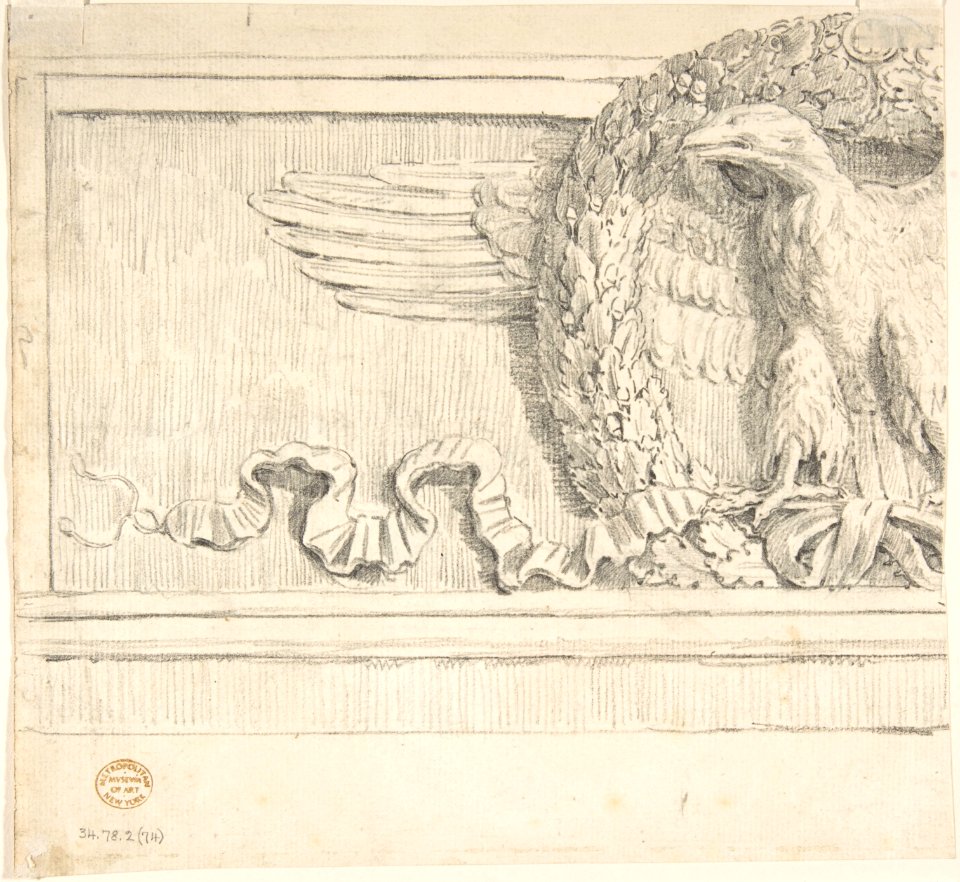 Classical Molding with Human Head, Leaves, Vines and Empty Roundels (recto); Detail of Classical Molding with Eagle In front of a Wreath with Ribbon Below (verso) MET DP804417