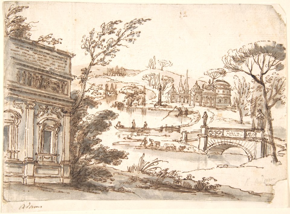 Classical Landscape with Temples (recto); Indecipherable sketch, possibly of a seated figure (verso) MET DP800718