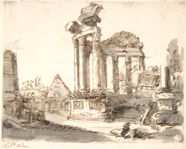 Classical Landscape with Ruins (recto); Two men in Roman military dress (verso) MET DP800719