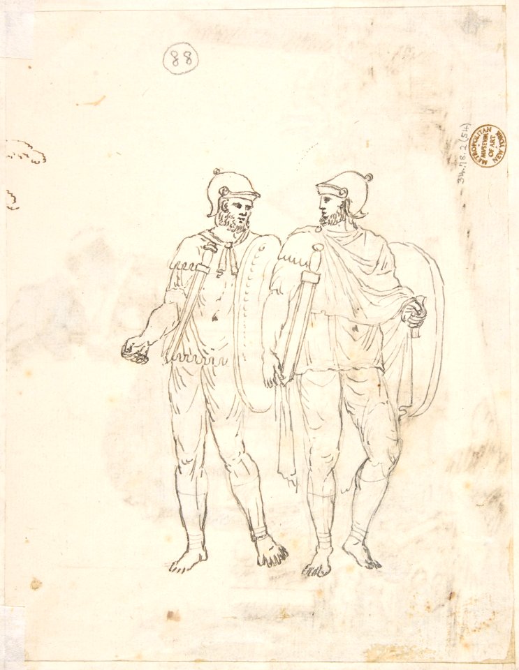 Classical Landscape with Ruins (recto); Two men in Roman military dress (verso) MET DP800720