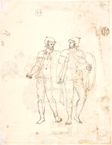 Classical Landscape with Ruins (recto); Two men in Roman military dress (verso) MET DP800720