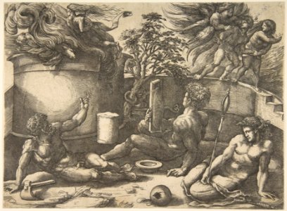 Cain in the center holding a mirror watching his sacrifice seated near Adam and Eve, in the background an angel expelling them from Paradise MET DP812764