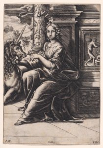 Chastity, a woman seated, a unicorn to her right Met DP888632