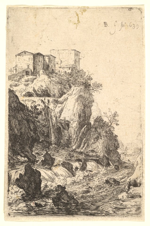 Cascades near Ponte della Trave, with buildings on a rocky outcrop above, from the series 'The Ruins of Rome' MET DP828327