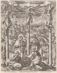 Christ crucified between the two thieves, the three maries at the foot of the cross MET DP863717