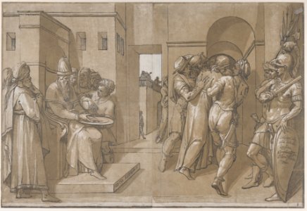 Christ is being led away, soldiers stand at the right (right side of sheet) MET DP875559