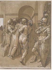 Christ is being led away, soldiers stand at the right (right side of sheet) MET DP875558