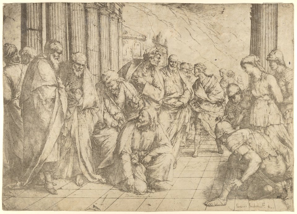 Christ kneels and writes on the pavement in the centre and the woman taken in adultery between three soldiers on the right. MET DP837533