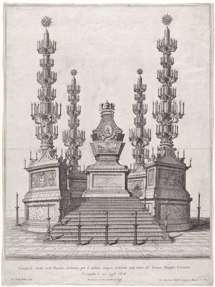 Catafalque for Pope Clement X; central structure at the top of a fifteen step platform, with columns surmounted by candelabra at each of the four corners MET DP875167