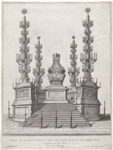 Catafalque for Pope Clement X; central structure at the top of a fifteen step platform, with columns surmounted by candelabra at each of the four corners MET DP875167