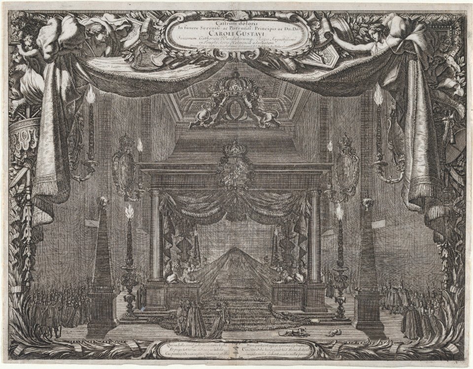 Catafalque of Charles X Gustav, King of Sweden, in the chapel of the castle in Stockholm (Castrum doloris in funere... Caroli Gustavi), from De rebus a Carolo Gustavo Sueciae rege gestis... MET DP875178