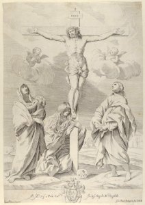 Christ on the cross, Saint John the Baptist at right, Mary Magdelene and the Virgin at left, after Reni MET DP841308