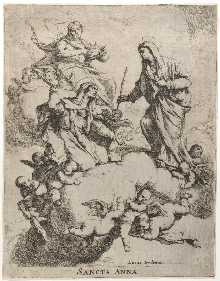 Christ holding a crown upper left, at right the Virgin receiving Saint Anne in Heaven Met DP885598