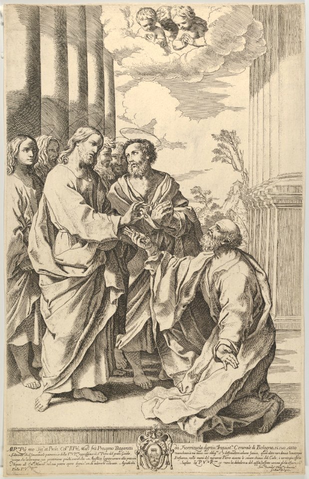 Christ giving the keys of the church to Saint Peter who kneels before him, after Guido Reni MET DP841321