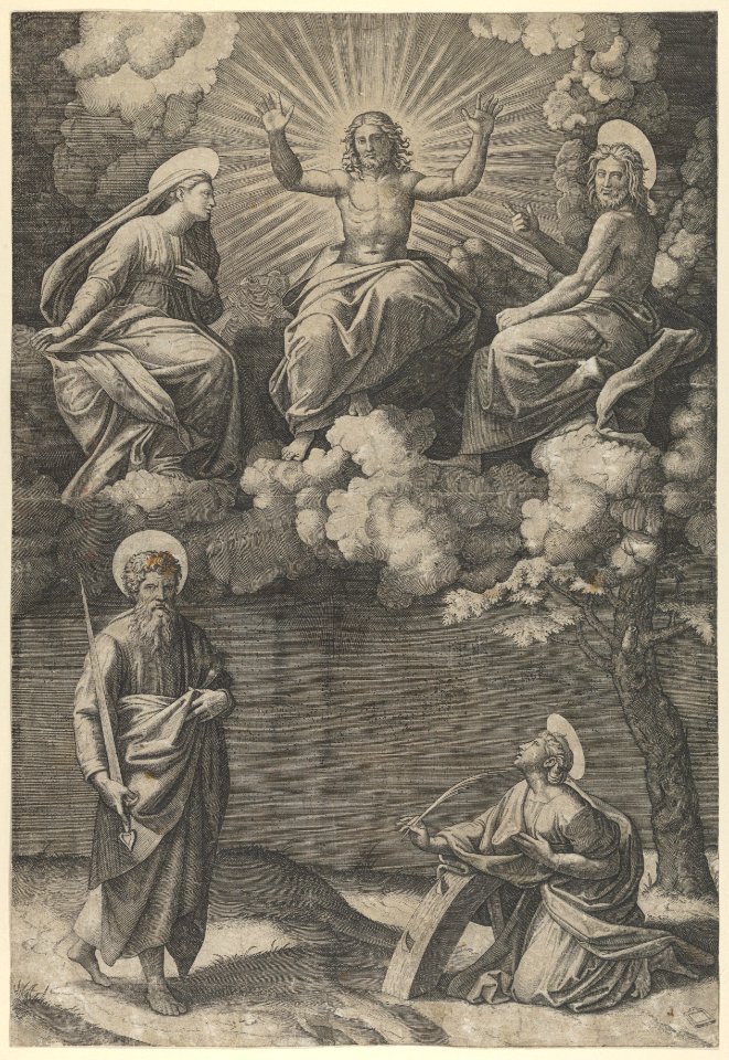 Christ flanked by the Virgin and St. John in the upper section, St. Paul and St. Catherine below MET DP852724