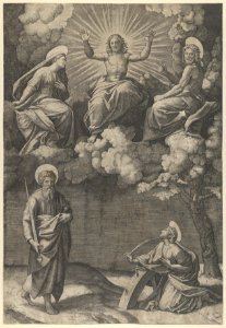Christ flanked by the Virgin and St. John in the upper section, St. Paul and St. Catherine below MET DP852724