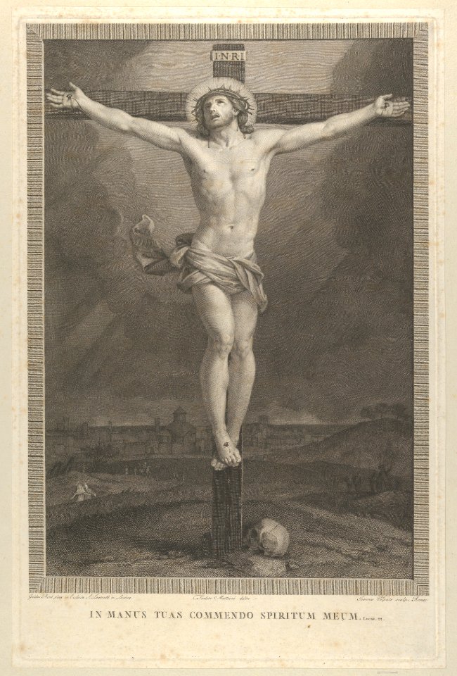 Christ crucified on the cross, a skull at the base, buildings in the background, after Reni MET DP841320