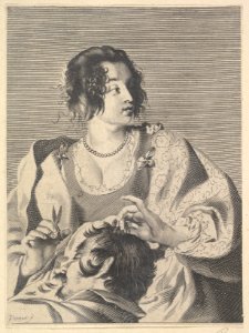 Delilah preparing to cut Samson's hair with scissors in her right hand, below her chest are the head and shoulders of the sleeping Samson MET DP823204