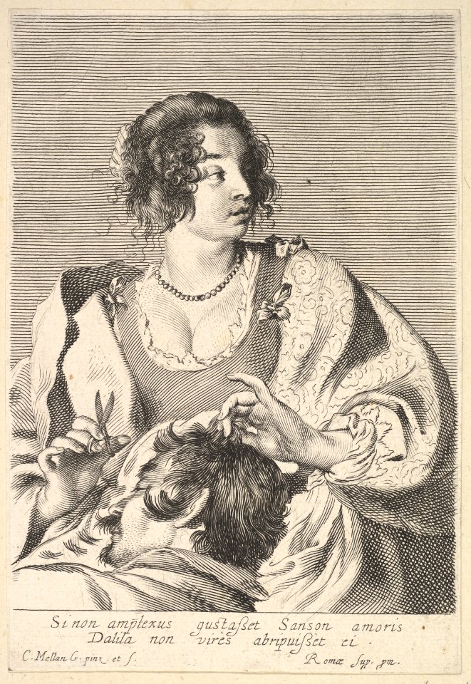 Delilah preparing to cut Samson's hair with scissors in her right hand, below her chest are the head and shoulders of the sleeping Samson MET DP823203