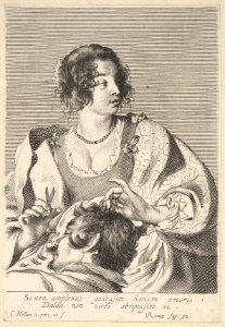 Delilah preparing to cut Samson's hair with scissors in her right hand, below her chest are the head and shoulders of the sleeping Samson MET DP823203