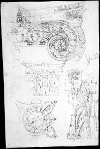 Composite capital, plan, elevation, and details; frieze, detail (recto) Forum of Nerva, entablature and attic, profiles; portico, perspective, and cornice, profile (verso) MET MM43647