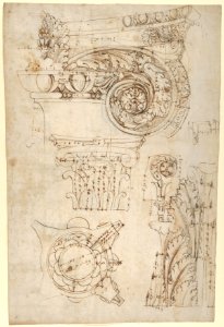 Composite capital, plan, elevation, and details; frieze, detail (recto) Forum of Nerva, entablature and attic, profiles; portico, perspective, and cornice, profile (verso) MET DP836582