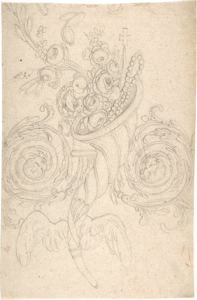 Cornucopia Held Aloft by Angels, Ornament with Cross and Rosary MET DP804557
