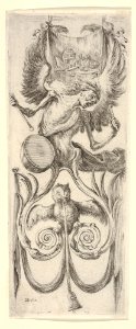 Death beating a drum above, an owl and a bell attached to a ribbon below, from 'Ornaments or Grotesques' (Ornamenti o Grottesche) MET DP833538