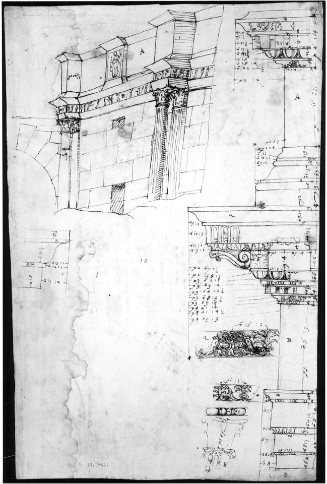 Composite capital, plan, elevation, and details; frieze, detail (recto) Forum of Nerva, entablature and attic, profiles; portico, perspective, and cornice, profile (verso) MET sf68 769 21v-MM43648