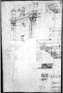 Composite capital, plan, elevation, and details; frieze, detail (recto) Forum of Nerva, entablature and attic, profiles; portico, perspective, and cornice, profile (verso) MET sf68 769 21v-MM43648