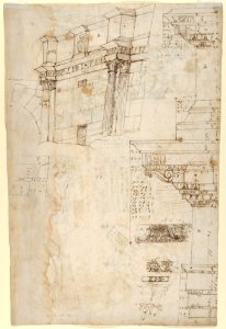Composite capital, plan, elevation, and details; frieze, detail (recto) Forum of Nerva, entablature and attic, profiles; portico, perspective, and cornice, profile (verso) MET DP836586