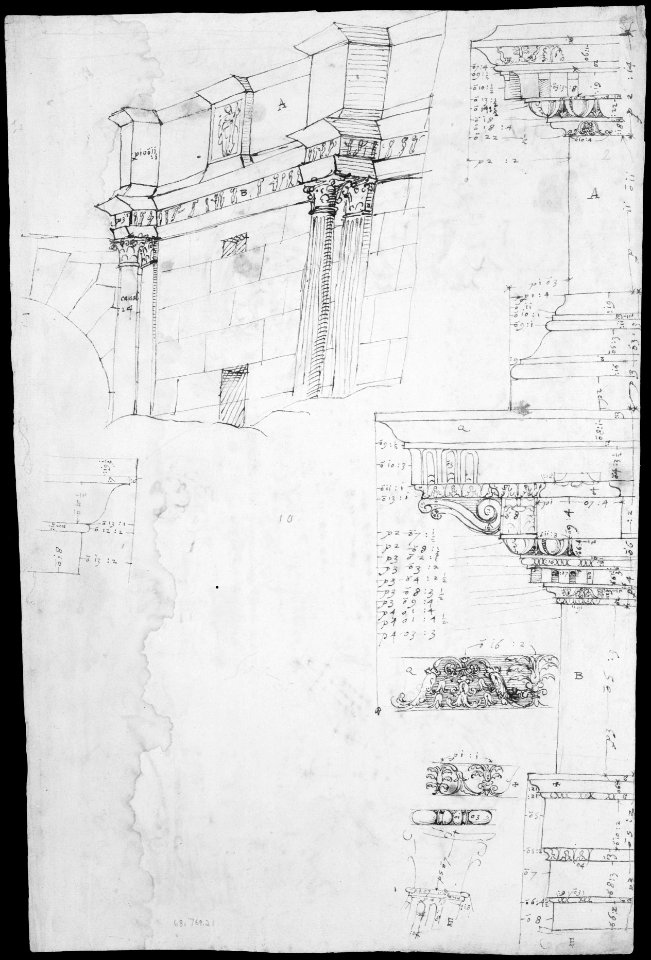 Composite capital, plan, elevation, and details; frieze, detail (recto) Forum of Nerva, entablature and attic, profiles; portico, perspective, and cornice, profile (verso) MET MM43648