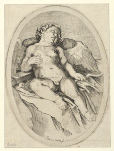 Cupid asleep, resting his right arm on his quiver and his left arm on his bow, an oval composition, after Reni MET DP841754
