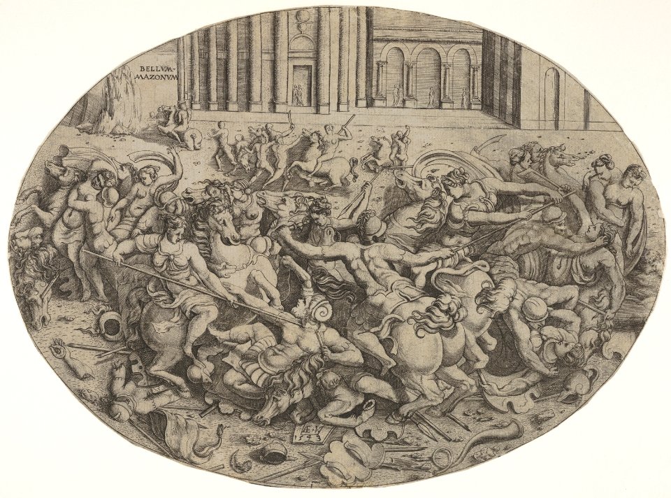 Combat between Amazons and men in front of architectural arcades, an oval composition with weapons, headgear, and bodies strewn along the bottom margin MET DP832547