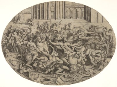 Combat between Amazons and men in front of architectural arcades, an oval composition with weapons, headgear, and bodies strewn along the bottom margin MET DP832547