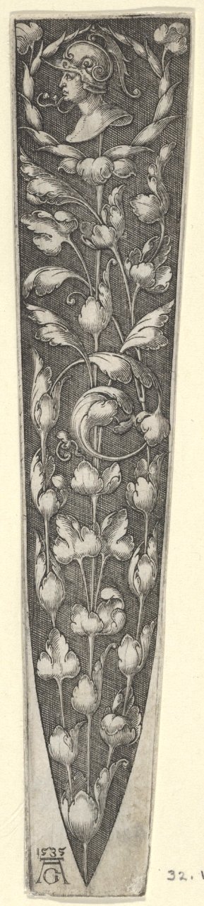 Dagger Sheath with Profile of a Soldier Supported by Tendrils, Heinrich Aldegrever, 1535
