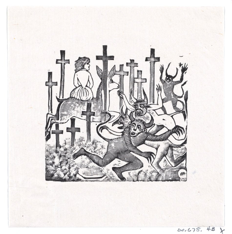 Demons running away from a woman on a deer riding through a field of crosses MET DP869400