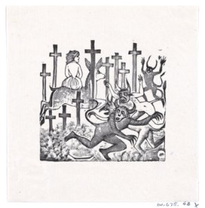 Demons running away from a woman on a deer riding through a field of crosses MET DP869400