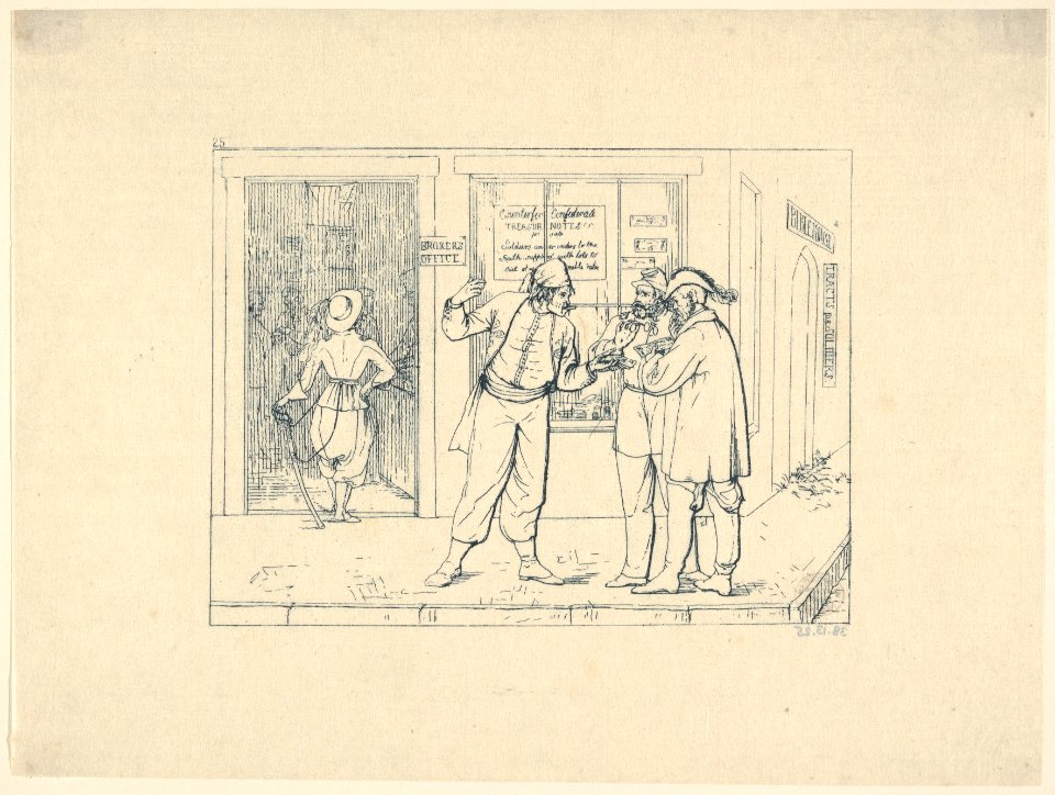 Counterfeit Confederate Notes Publicly Offered for Sale in the "City of Brotherly Love" (from Confederate War Etchings) MET DP831324