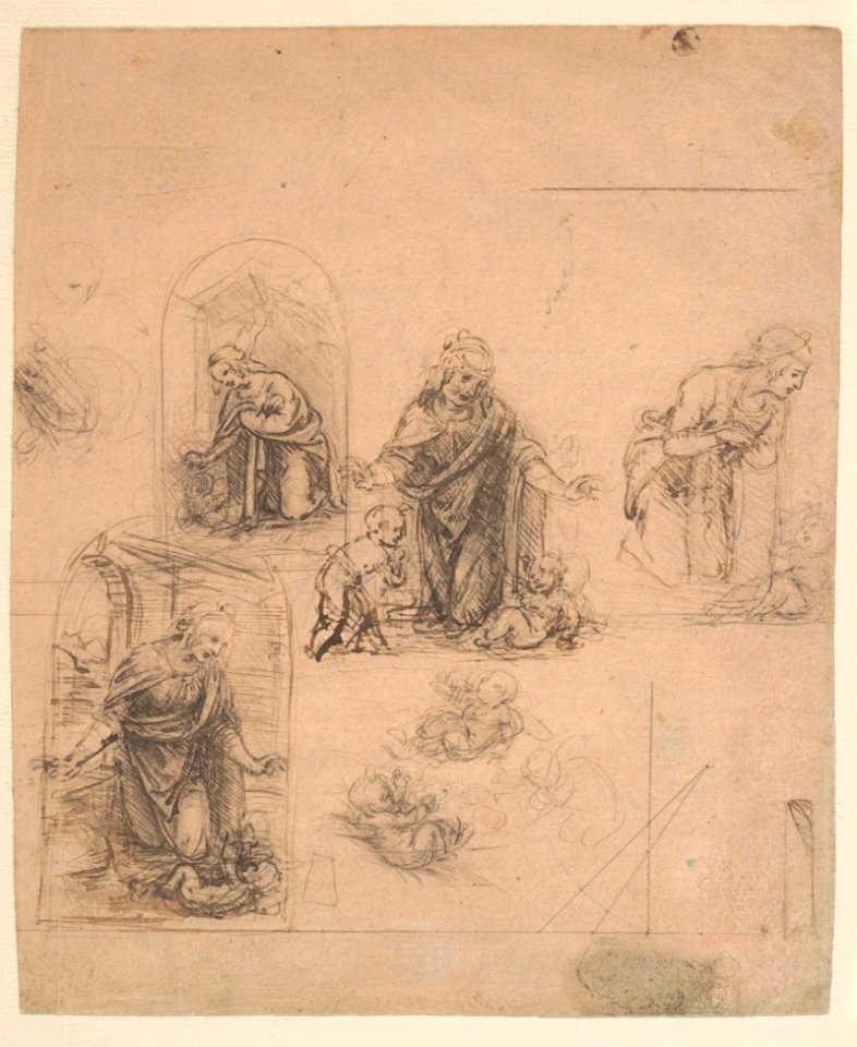 Compositional Sketches for the Virgin Adoring the Christ Child, with and without the Infant St. John the Baptist; Diagram of a Perspectival Projection (recto); Slight Doodles (verso) MET DP136369