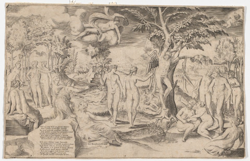 Cupid in the Elysian Fields tied to a tree in the centre, surrounded by many figures MET DP858680