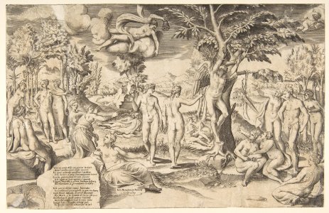 Cupid in the Elysian Fields tied to a tree in the centre, surrounded my many figures MET DP812451